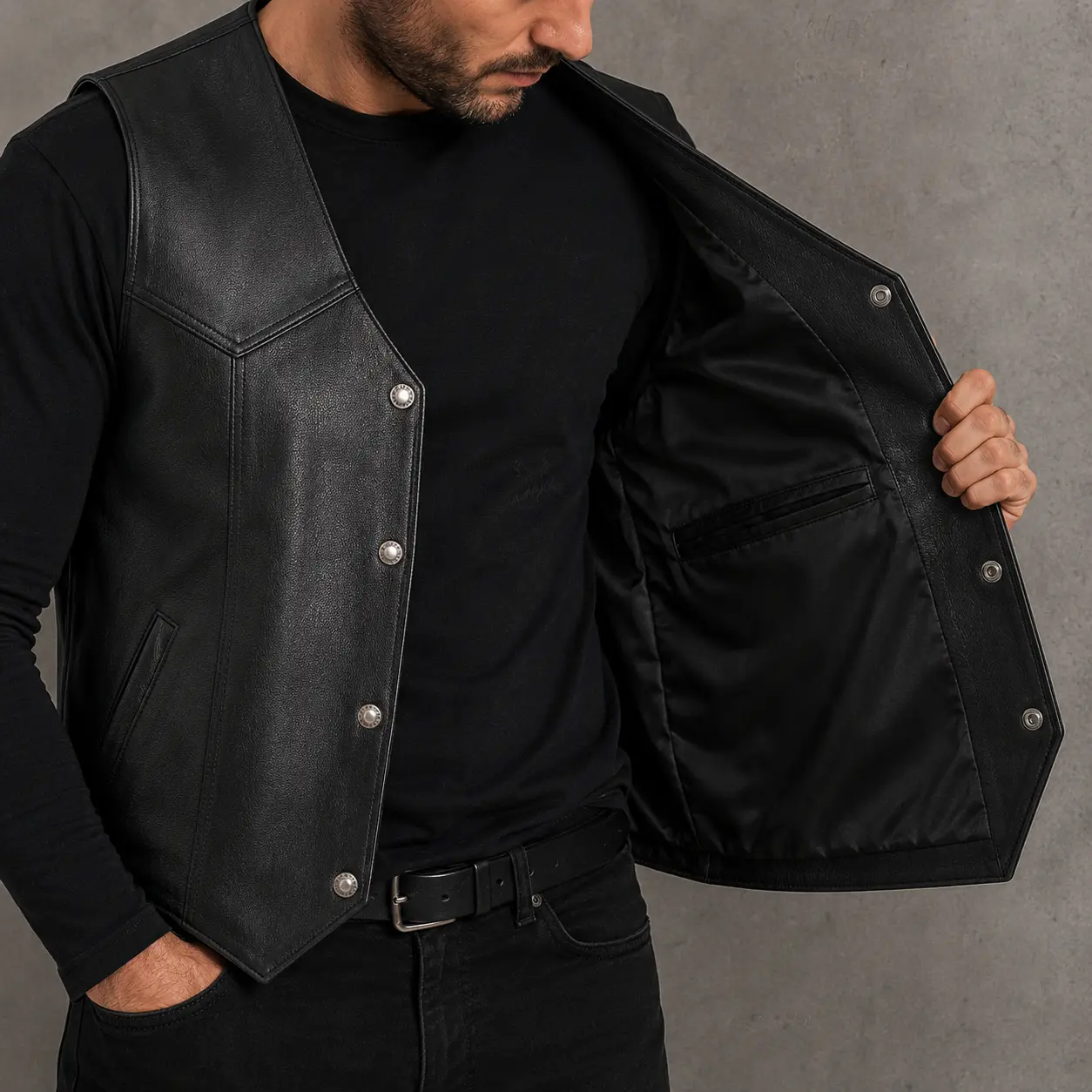 Chaleco biker negro con bolsillo interior y diseño western para hombre