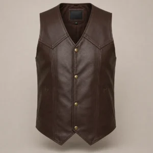 chaleco de piel de borrego biker estilo western minimalista para hombre color cafe oscuro y cuello V