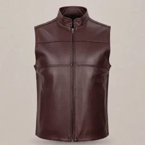 chaleco de cuero original color vino para hombre, costuras simples, diseño minimalista y cuello mao simple