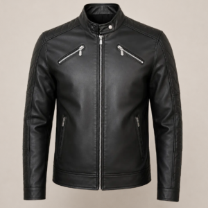 chamarra color negra para hombre estilo baker motero clasico con cierres plateados, cuello mao con boton de presión y hebilla
