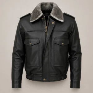 Chamarra de piel tipo aviador para hombre en color negro con cuello aborregado y desprendible vista frontal