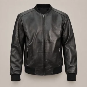bomber jacket para hombre de cuero, con elásticos en puños y a la cadera, bolsos laterales con cierres
