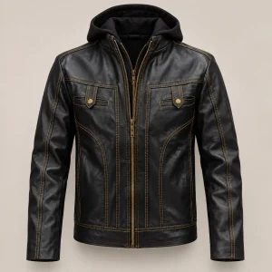 chamarras de piel con gorro desmontable para hombre, corte recto