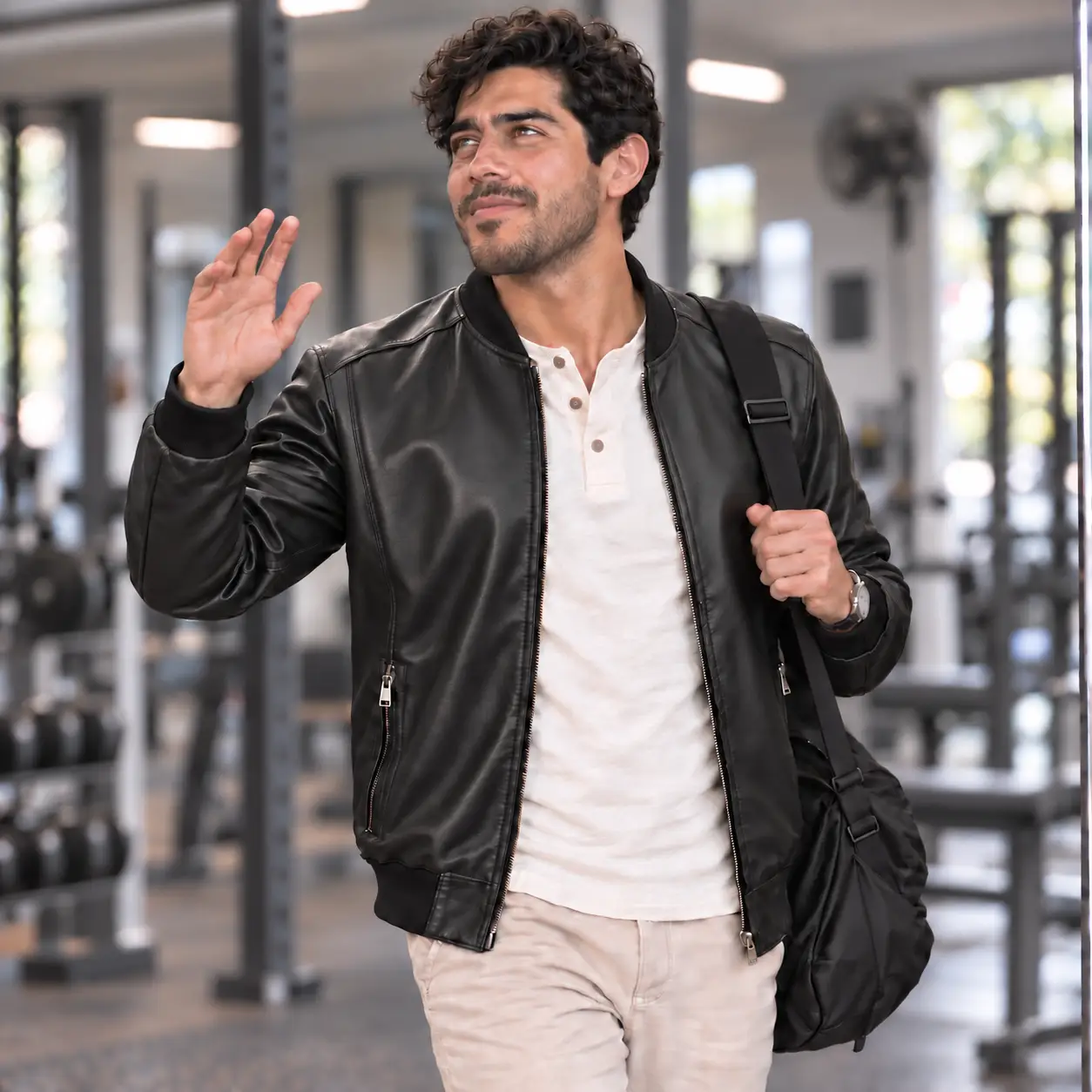 hombre de 34 años saliendo del gimnasio con una bomber de piel negra en temporada de frio