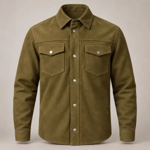 camisola de piel acabado nubuck, estilo camisa para hombre color verde olivo o militar con bolsillos en pecho y botones de presion