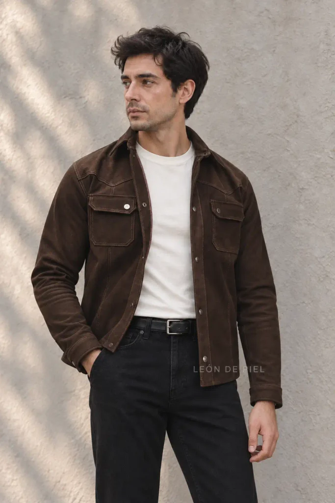 Hombre con camisa de piel nubuck café, playera marfil y jeans negros de León de Piel
