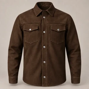 camisola de piel para caballero en color café chocolate con estilo ranchero y diseño casual, cuello con solapa